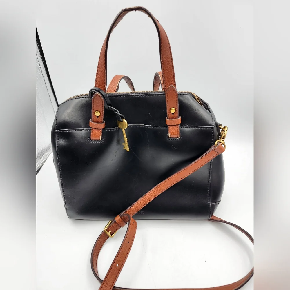 Fossil Rachel Black and Brown Satchel
